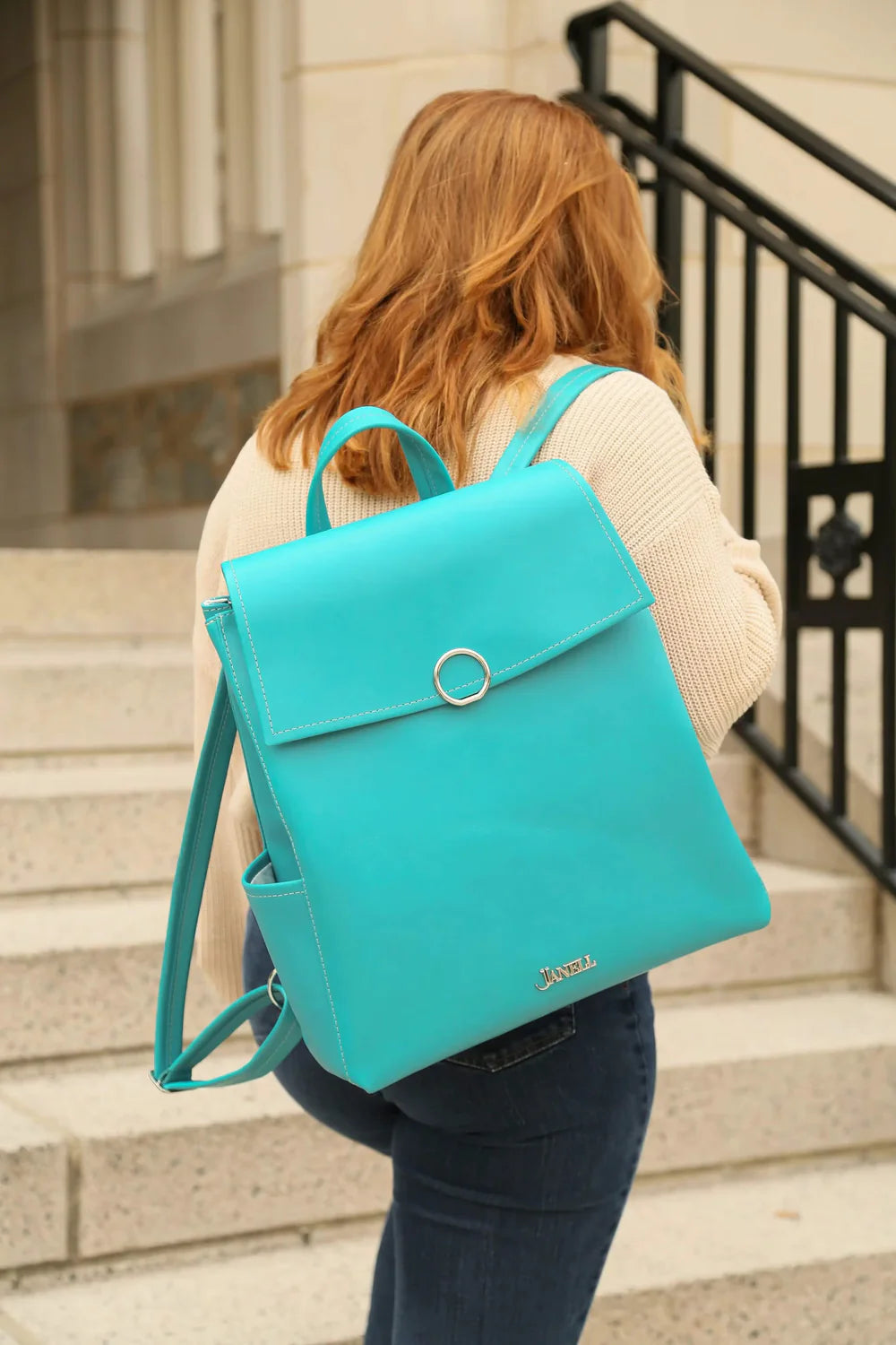 Blair leather convertible backpack in Turquoise, handmade in Maine by Janell Bags