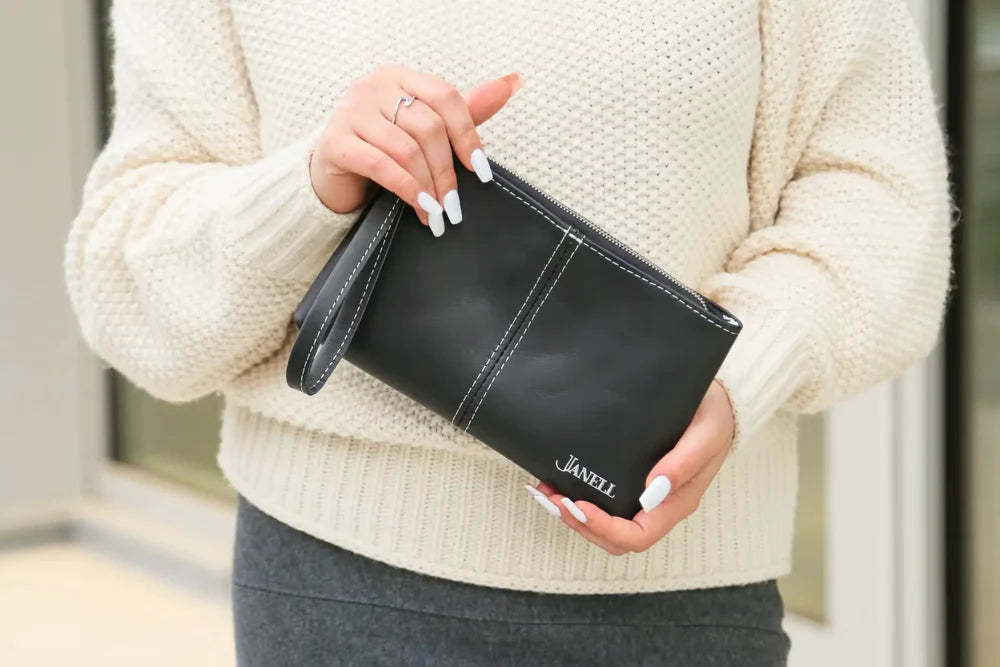 Ava leather clutch and wristlet in Black, handmade in Maine by Janell Bags