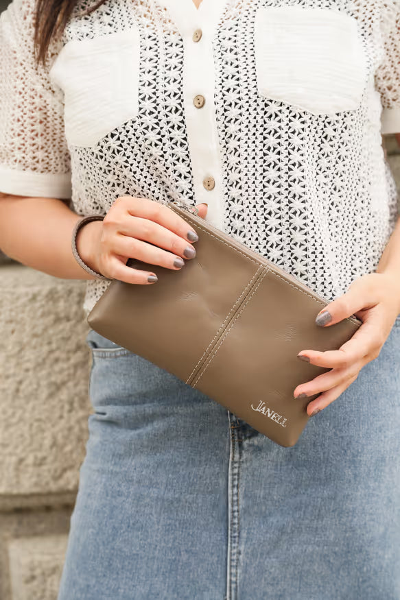 Ava leather clutch and wristlet in Clay, handmade in Maine by Janell Bags