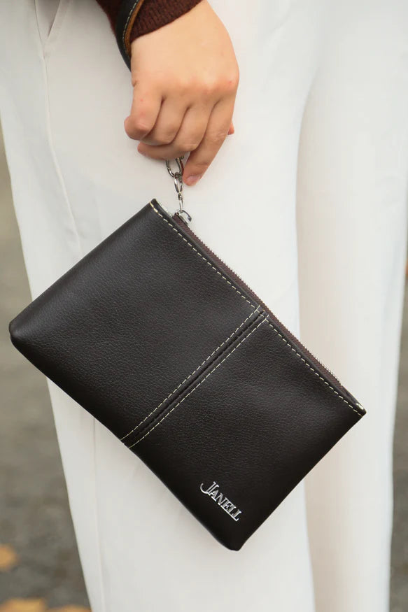 Ava leather clutch and wristlet in Hartland Dark Chocolate, handmade in Maine by Janell Bags