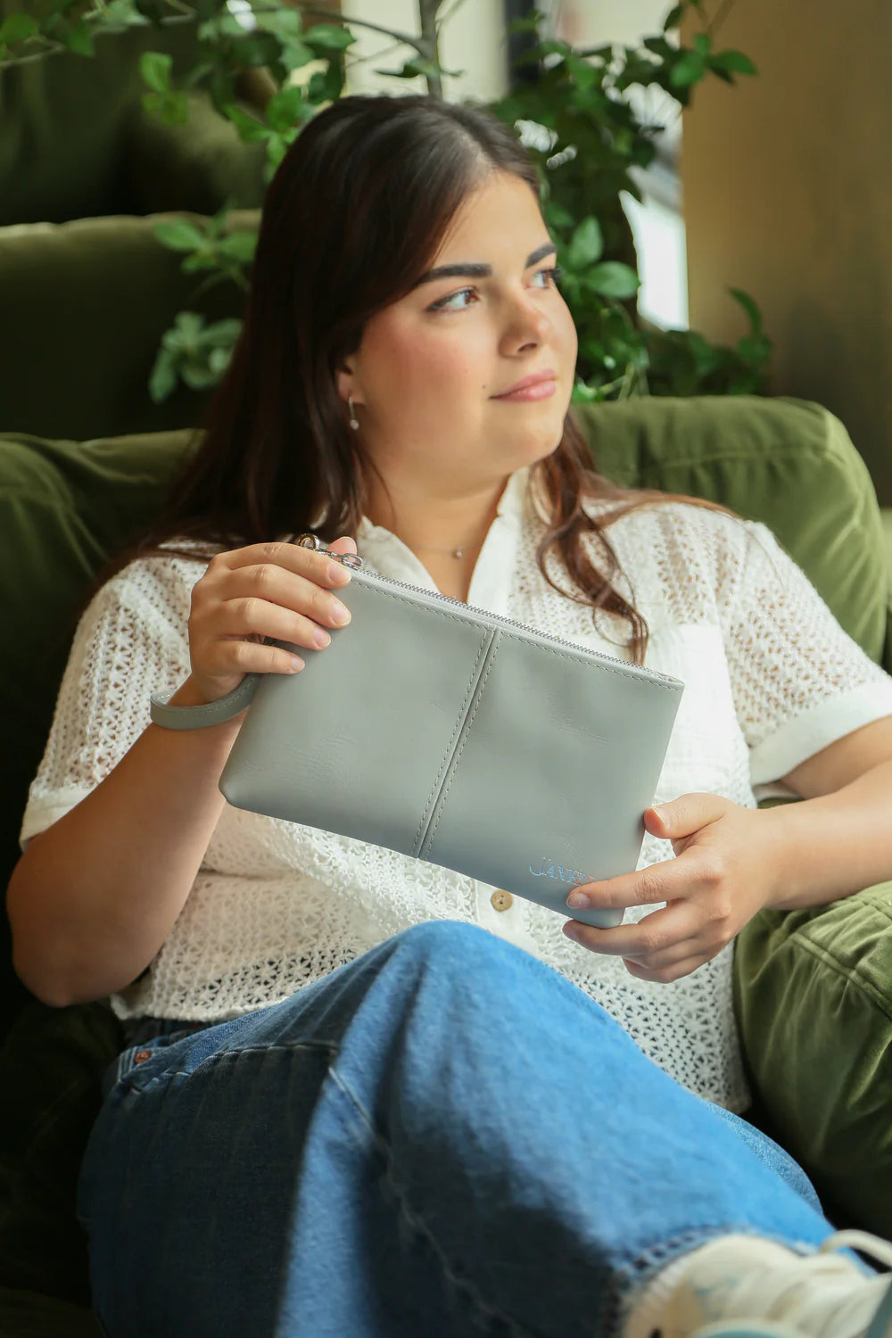 Ava leather clutch and wristlet in Hartland Light Gray, handmade in Maine by Janell Bags