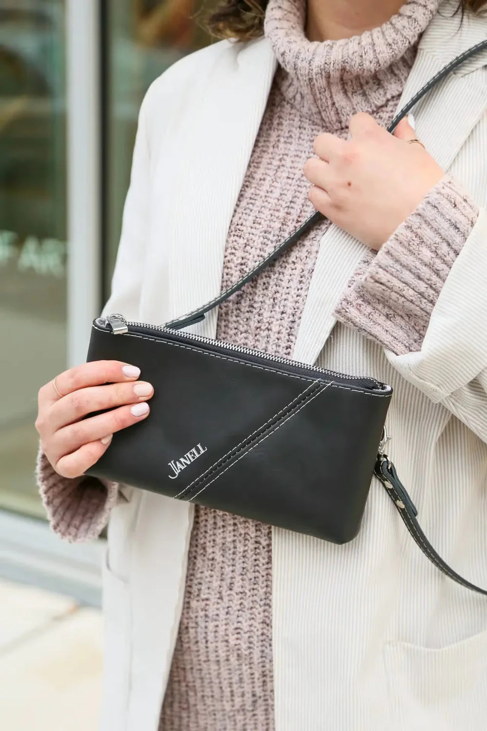 Bristol leather crossbody wallet in Black, handmade in Maine by Janell Bags