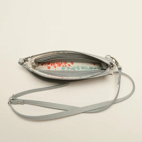 Bristol leather crossbody wallet in Hartland Light Gray, handmade in Maine by Janell Bags