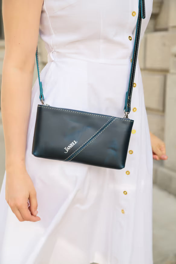 Bristol leather crossbody wallet in Navy, handmade in Maine by Janell Bags