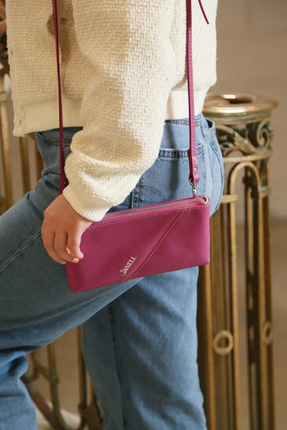 Bristol leather crossbody wallet in Orchid, handmade in Maine by Janell Bags