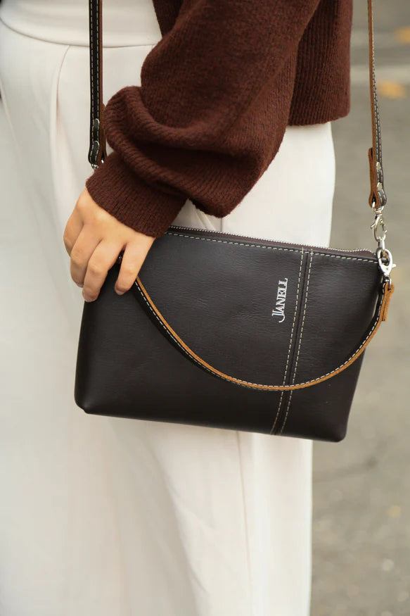 Kate leather crossbody wallet in Hartland Dark Chocolate, handmade in Maine by Janell Bags