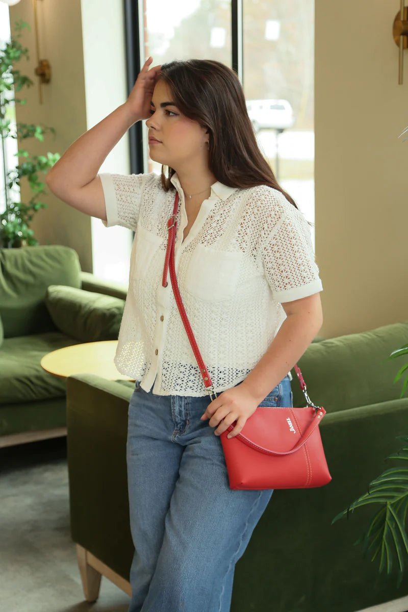 Kate leather crossbody wallet in Hartland Ruby Red, handmade in Maine by Janell Bags