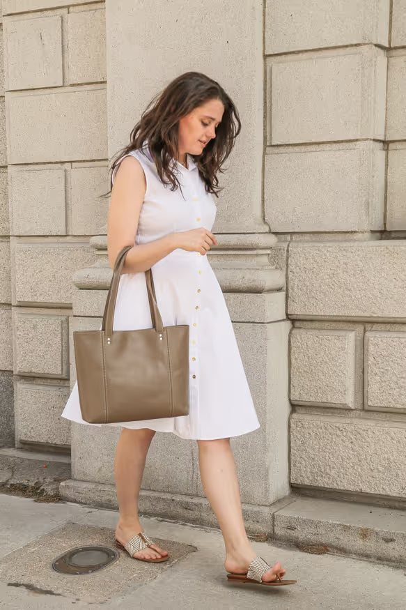 Boston minimalist leather tote in Clay, handmade in Maine by Janell Bags