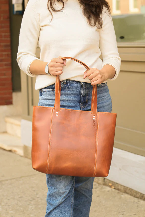 Boston minimalist leather tote in Spice, handmade in Maine by Janell Bags