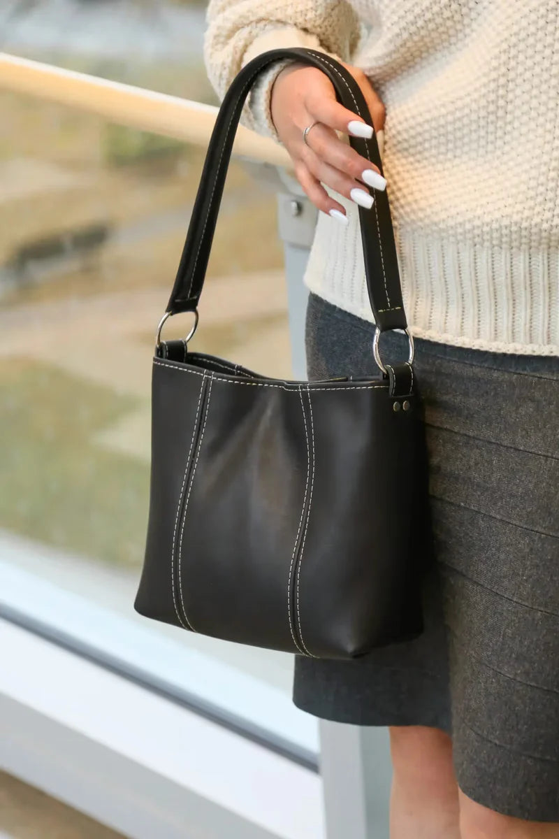 Hartford minimalist leather shoulder bag in Black, handmade in Maine by Janell Bags
