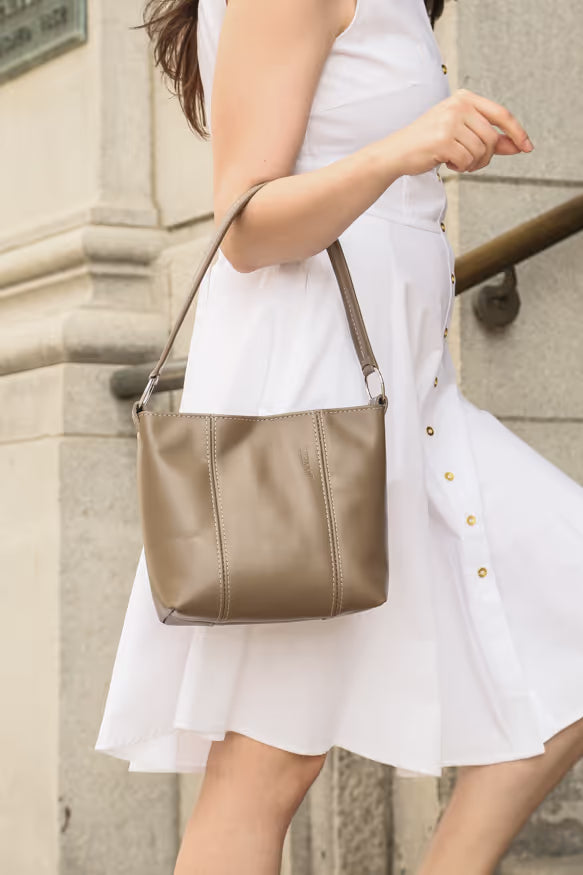 Hartford minimalist leather shoulder bag in Clay, handmade in Maine by Janell Bags