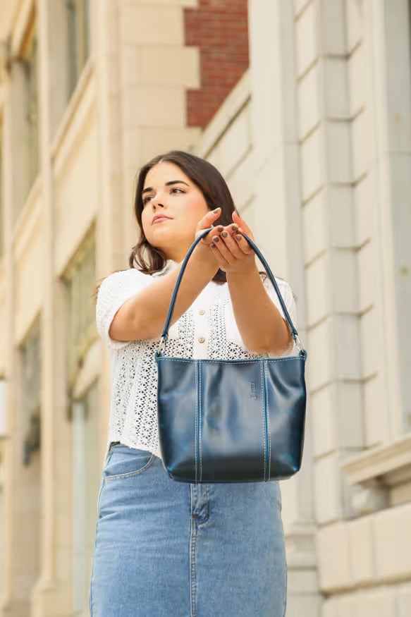 Hartford minimalist leather shoulder bag in Navy, handmade in Maine by Janell Bags