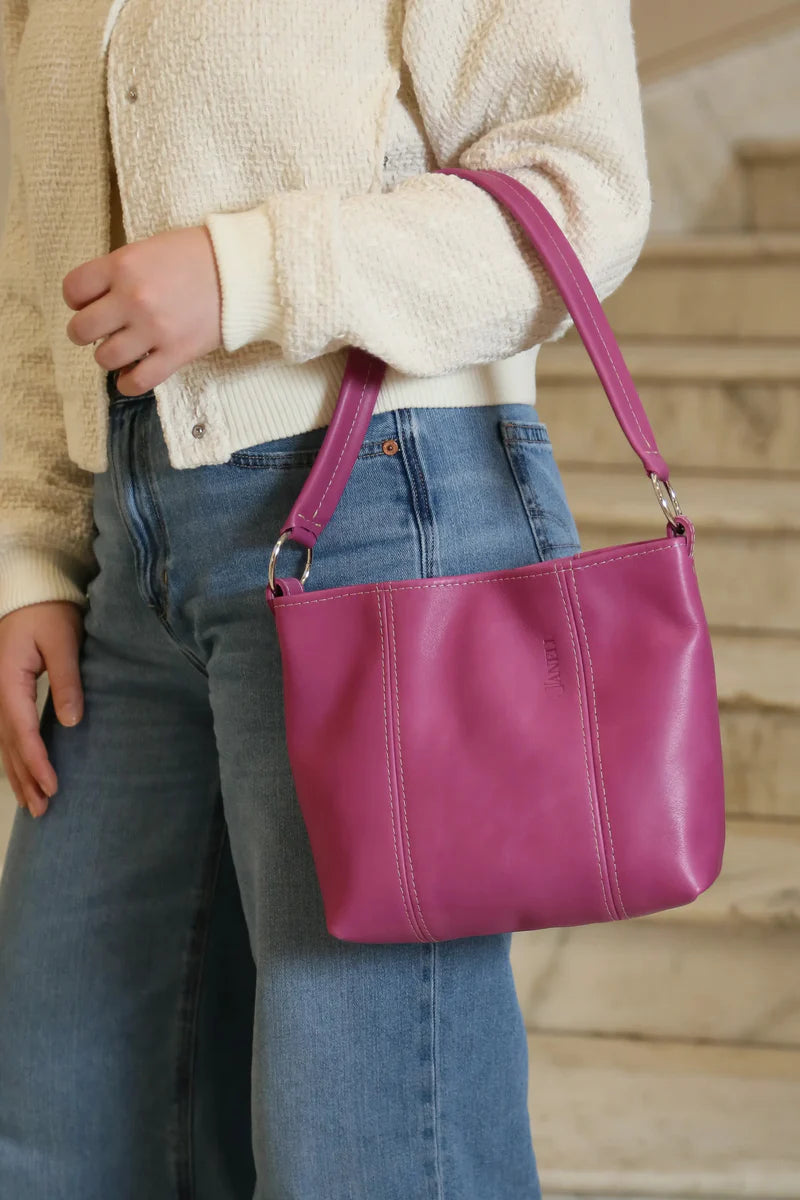 Hartford minimalist leather shoulder bag in Orchid, handmade in Maine by Janell Bags