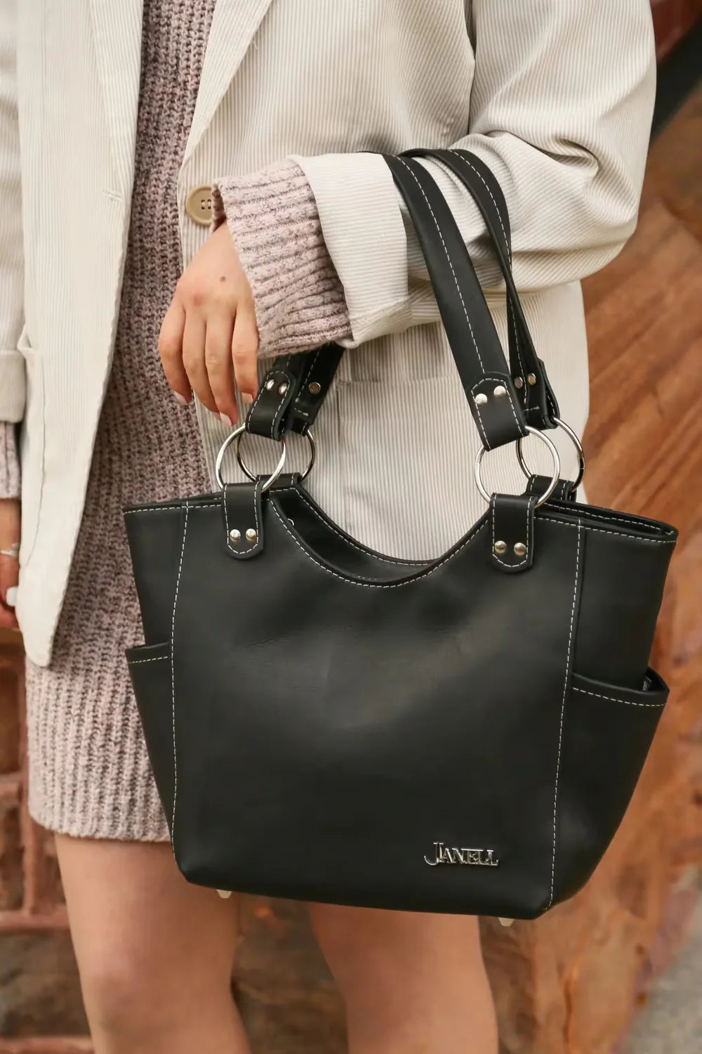 Brooklyn leather tote in Black leather, handmade in Maine by Janell Bags