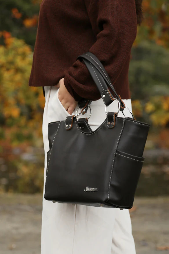 Brooklyn leather tote in Hartland Dark Chocolate, handmade in Maine by Janell Bags