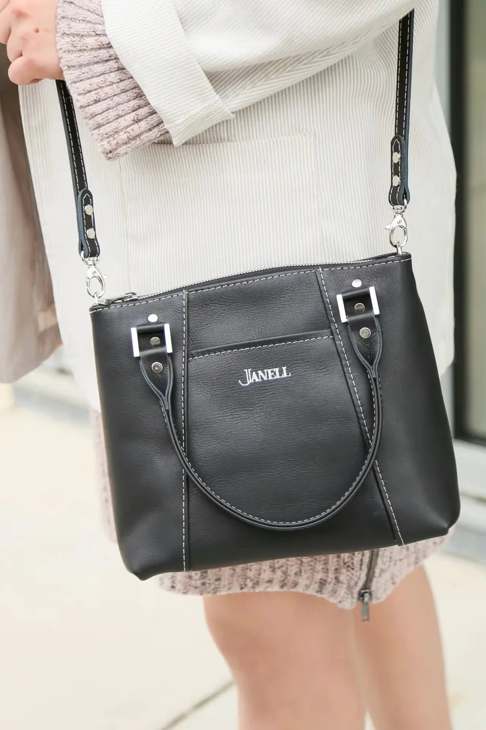 Camille leather clutch and crossbody bag in Black leather, handmade in Maine by Janell Bags