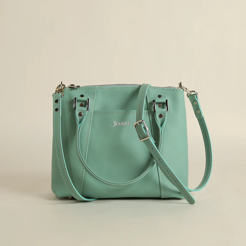 Camille leather clutch and crossbody bag in Hartland Aqua, handmade in Maine by Janell Bags