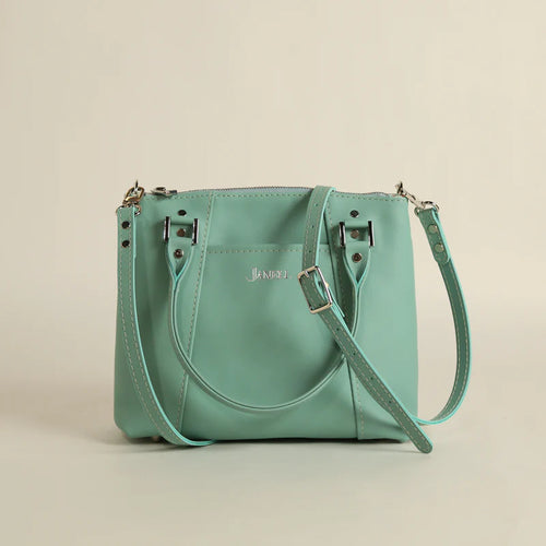 Camille leather clutch and crossbody bag in Hartland Aqua, handmade in Maine by Janell Bags