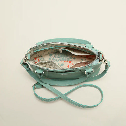 Camille leather clutch and crossbody bag in Hartland Aqua, handmade in Maine by Janell Bags