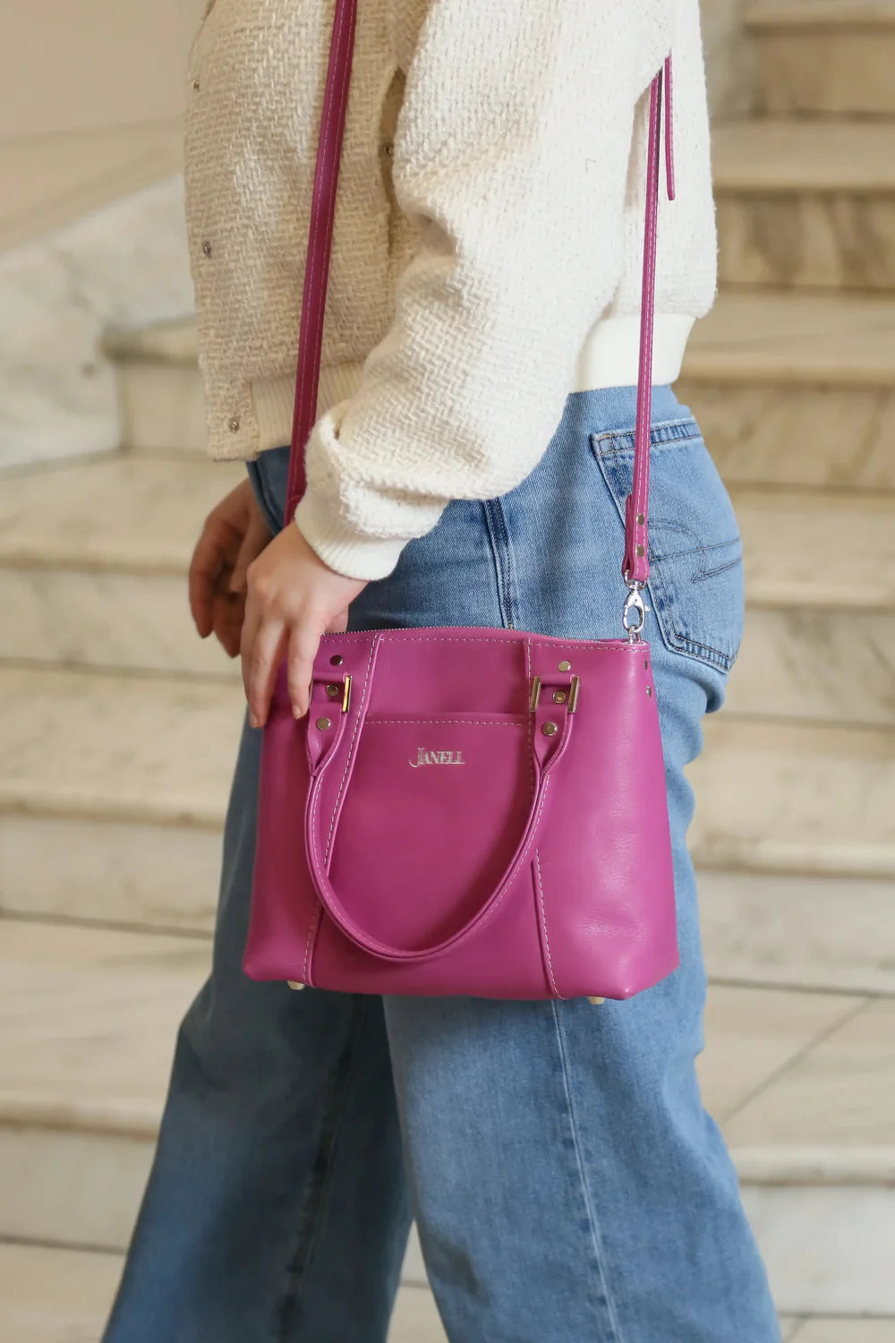 Camille leather clutch and crossbody bag in Orchid, handmade in Maine by Janell Bags