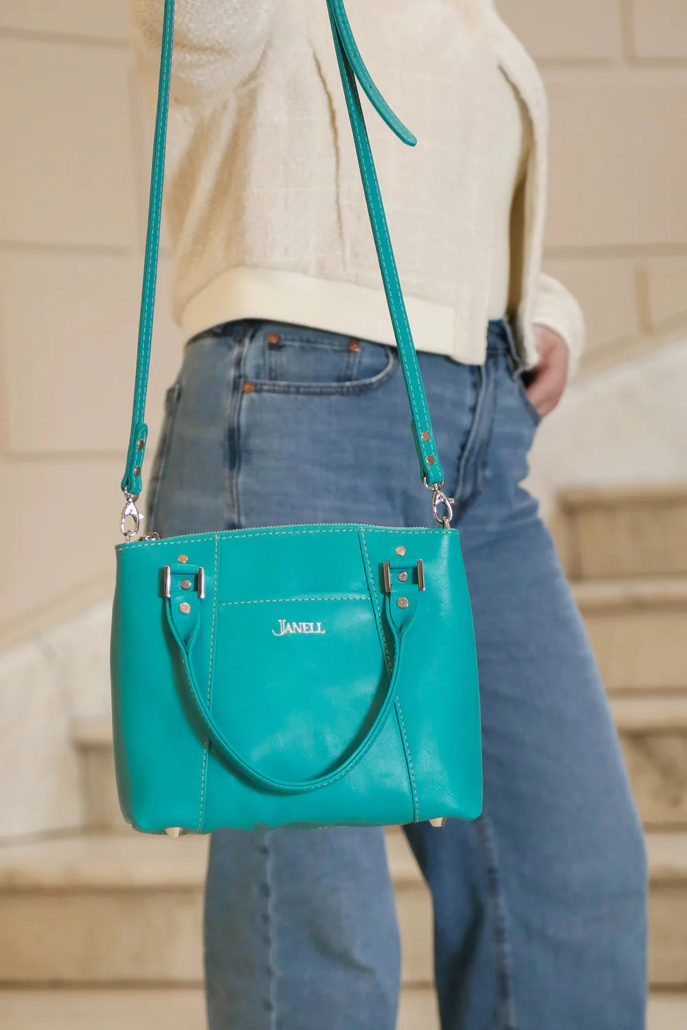 Camille leather clutch and crossbody bag in Turquoise, handmade in Maine by Janell Bags