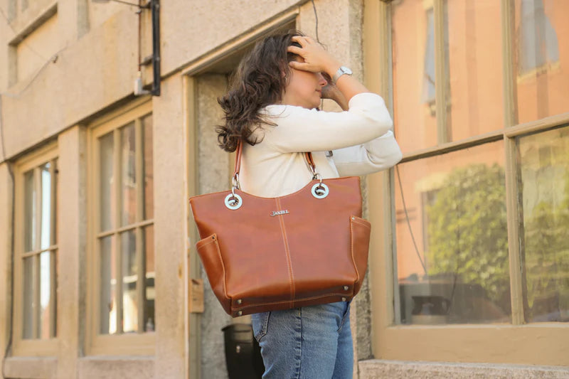 Chelsea large leather carryall and shoulder bag in Spice, handmade in Maine by Janell Bags