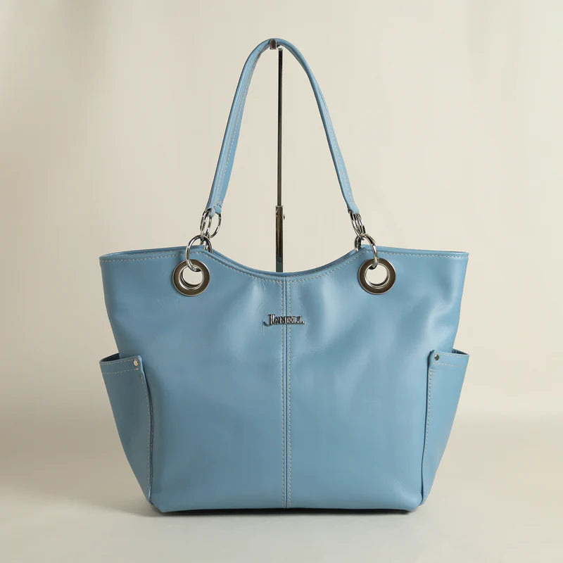 Chelsea large leather carryall and shoulder bag in Wildflower Blue, handmade in Maine by Janell Bags