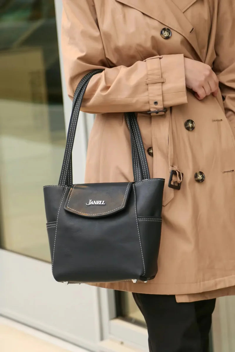 Ellie small leather shoulder bag in Black, handmade in Maine by Janell Bags