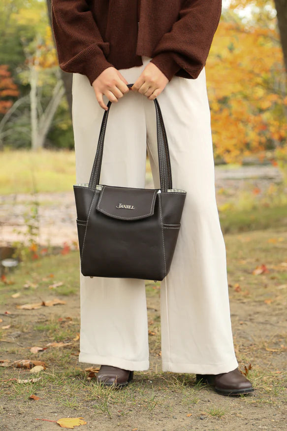Ellie small leather shoulder bag in Hartland Dark Chocolate, handmade in Maine by Janell Bags