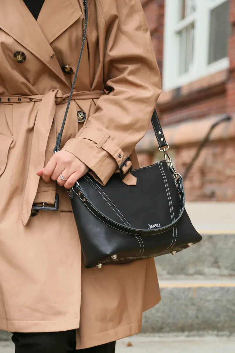 Emma leather shoulder bag in Black, handmade in Maine by Janell Bags