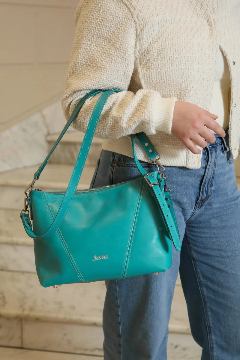 Emma leather shoulder bag in Turquoise, handmade in Maine by Janell Bags