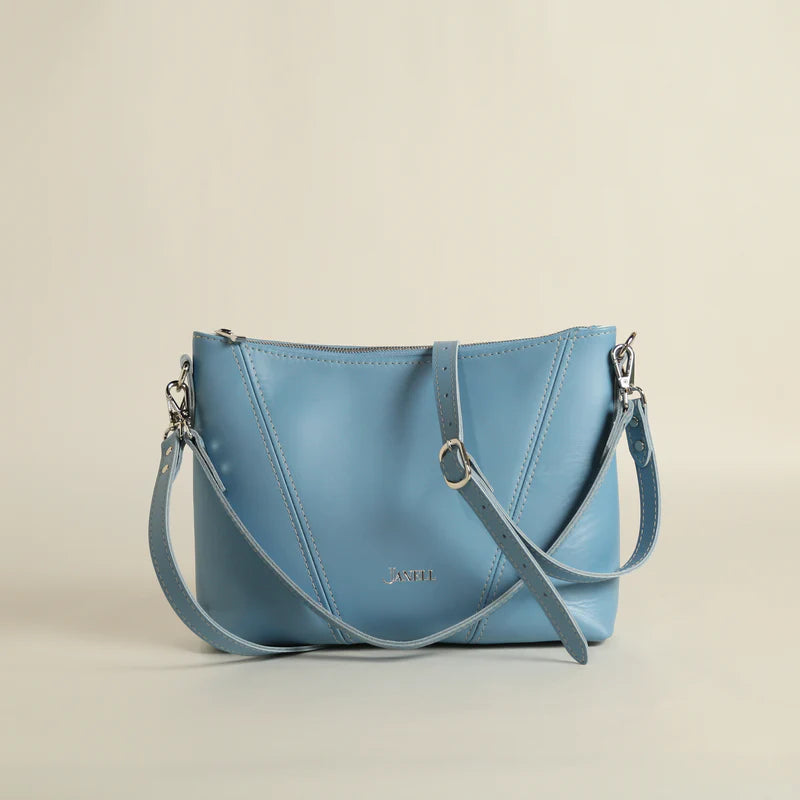 Emma leather shoulder bag in Wildflower Blue, handmade in Maine by Janell Bags