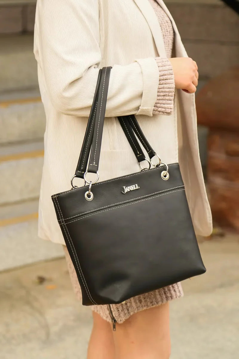 Jenna leather shoulder bag in Black, handmade in Maine by Janell Bags