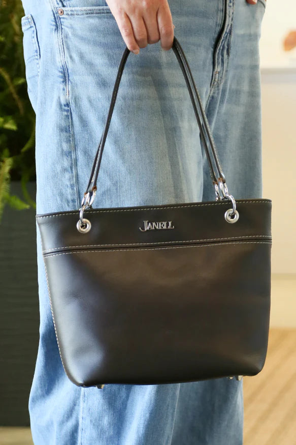 Jenna leather shoulder bag in Hartland Dark Chocolate, handmade in Maine by Janell Bags