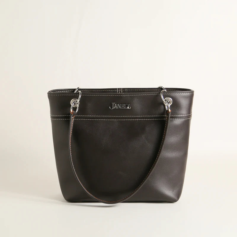 Jenna leather shoulder bag in Hartland Dark Chocolate, handmade in Maine by Janell Bags