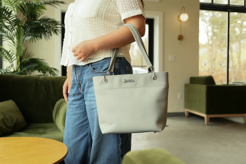 Jenna leather shoulder bag in Hartland Light Gray, handmade in Maine by Janell Bags