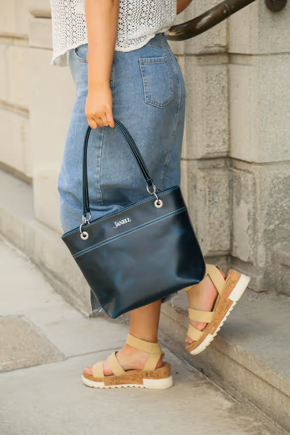 Jenna leather shoulder bag in Navy, handmade in Maine by Janell Bags