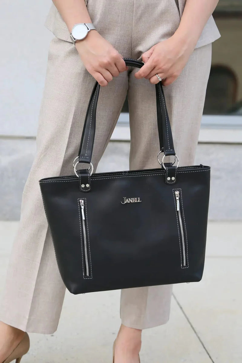 Kimber leather conceal-carry tote in Black, handmade in Maine by Janell Bags