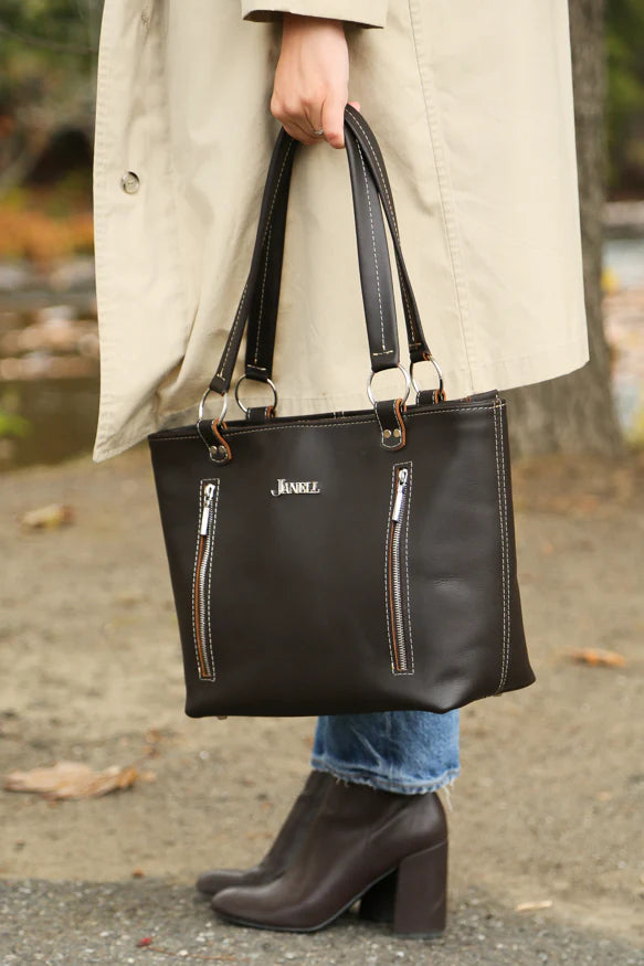 Kimber leather conceal-carry tote in Hartland Dark Chocolate, handmade in Maine by Janell Bags