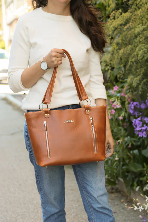 Kimber leather conceal-carry tote in Spice, handmade in Maine by Janell Bags