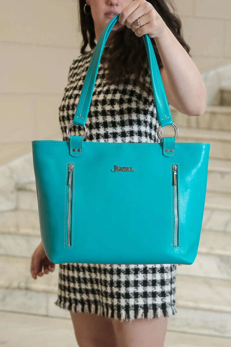 Kimber leather conceal-carry tote in Turquoise, handmade in Maine by Janell Bags