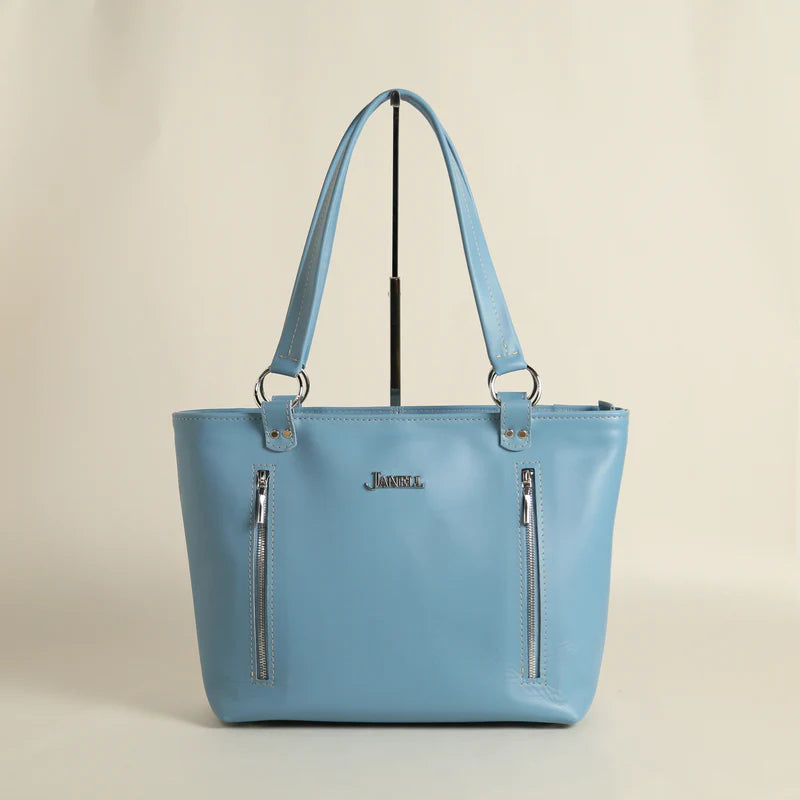Kimber leather conceal-carry tote in Wildflower Blue, handmade in Maine by Janell Bags
