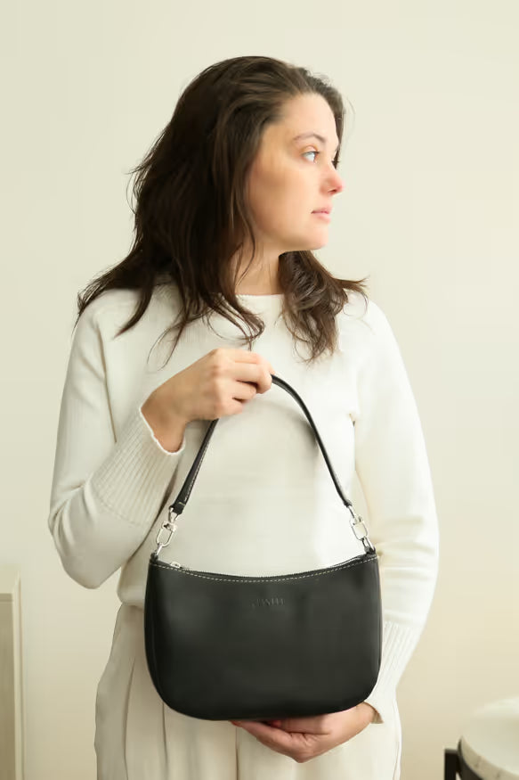 Sophia small leather shoulder bag in black leather, handmade in Maine by Janell Bags