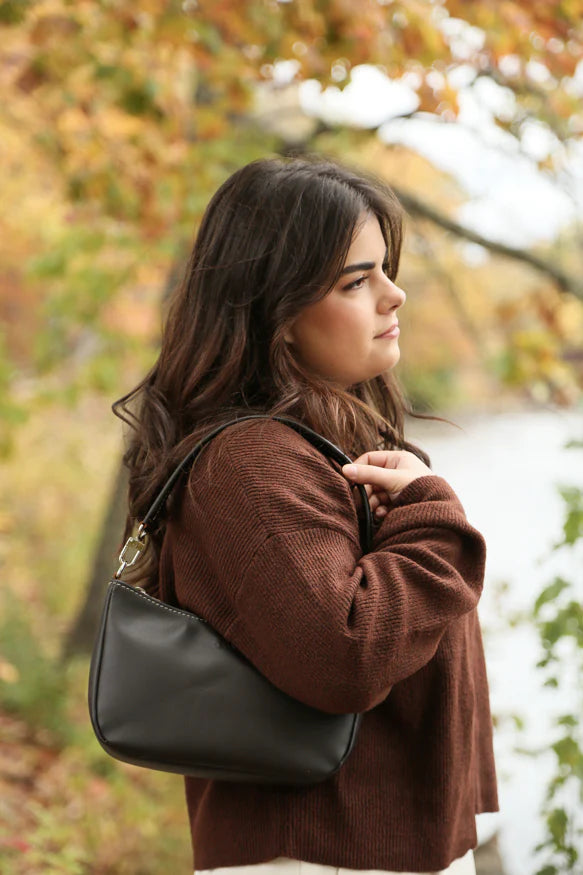 Sophia small leather shoulder bag in Hartland Dark Chocolate, handmade in Maine by Janell Bags