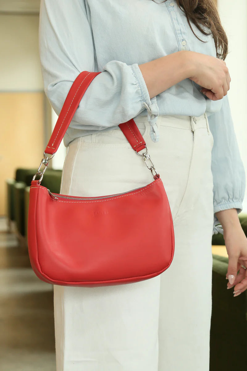 Sophia small leather shoulder bag in Hartland Ruby Red, handmade in Maine by Janell Bags