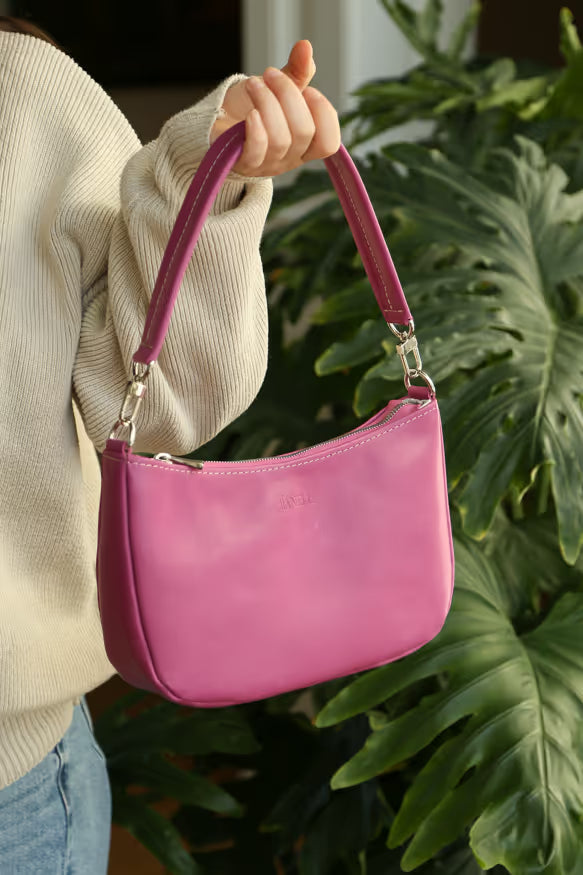 Sophia small leather shoulder bag in orchid, handmade in Maine by Janell Bags