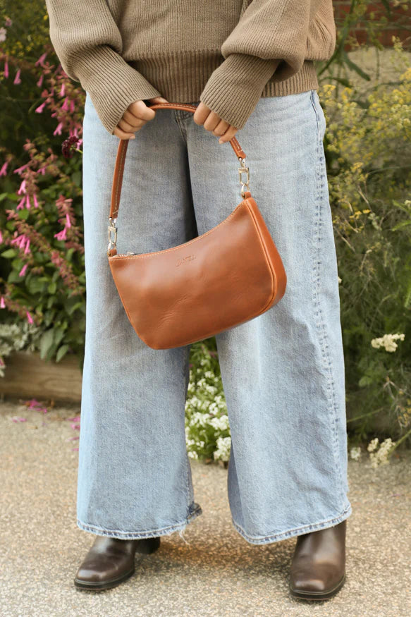 Sophia small leather shoulder bag in spice, handmade in Maine by Janell Bags