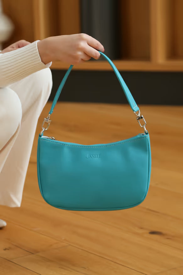 Sophia small leather shoulder bag in turquoise, handmade in Maine by Janell Bags